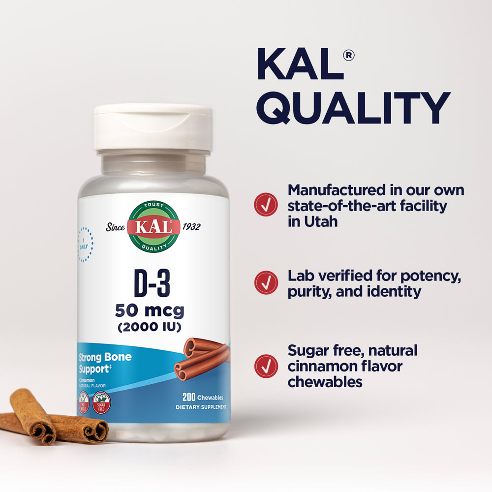 KAL D-3 2000 IU Sugarless Chewable Cinnamon, 200 Count