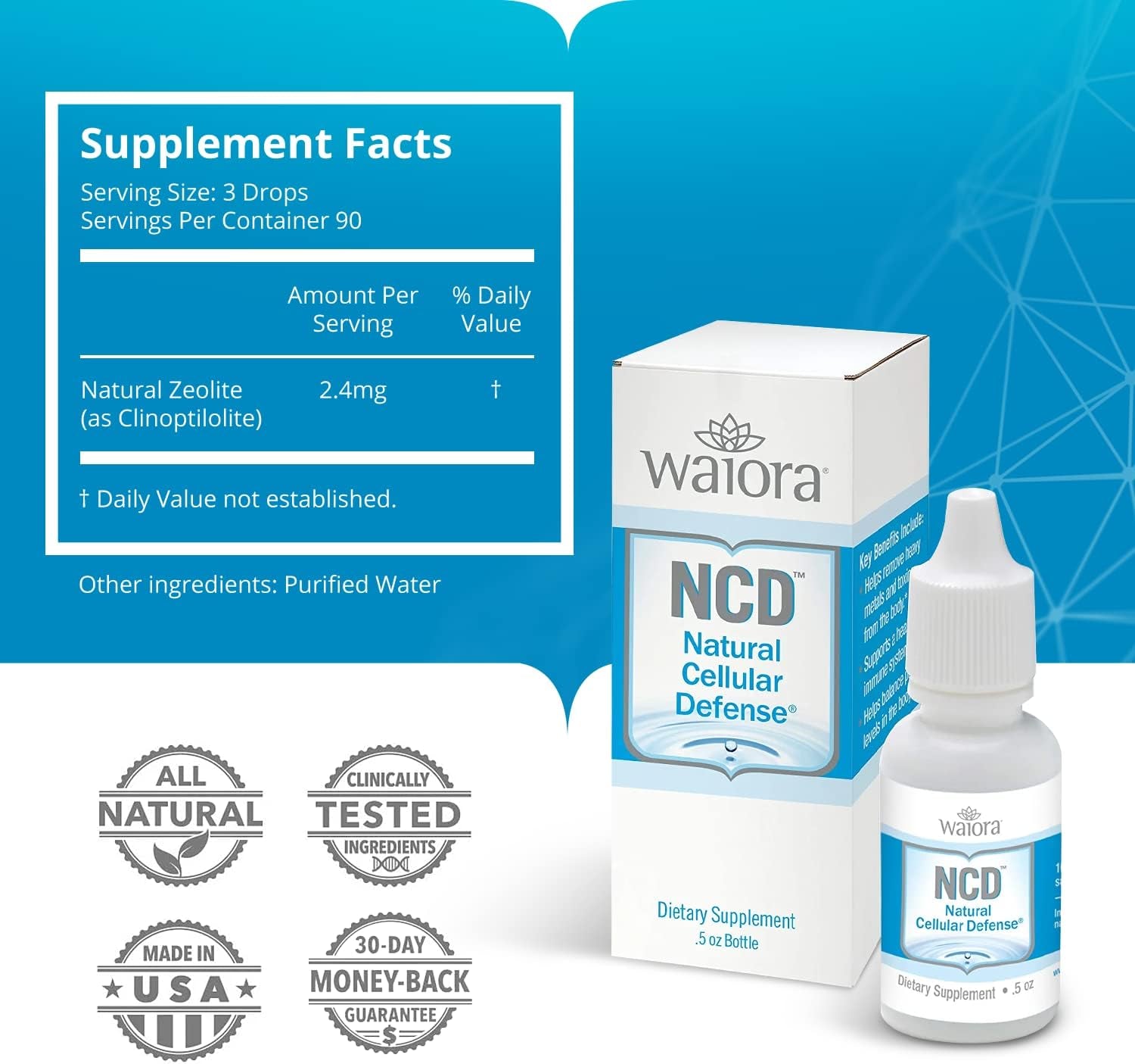 Waiora Natural Cellular Defense (NCD) Liquid Zeolite Drops for Men & Women - Supplements for Immune System & Healthy Gut Support (0.5Oz Clinoptilolite Zeolite Bottle, 1 CT)