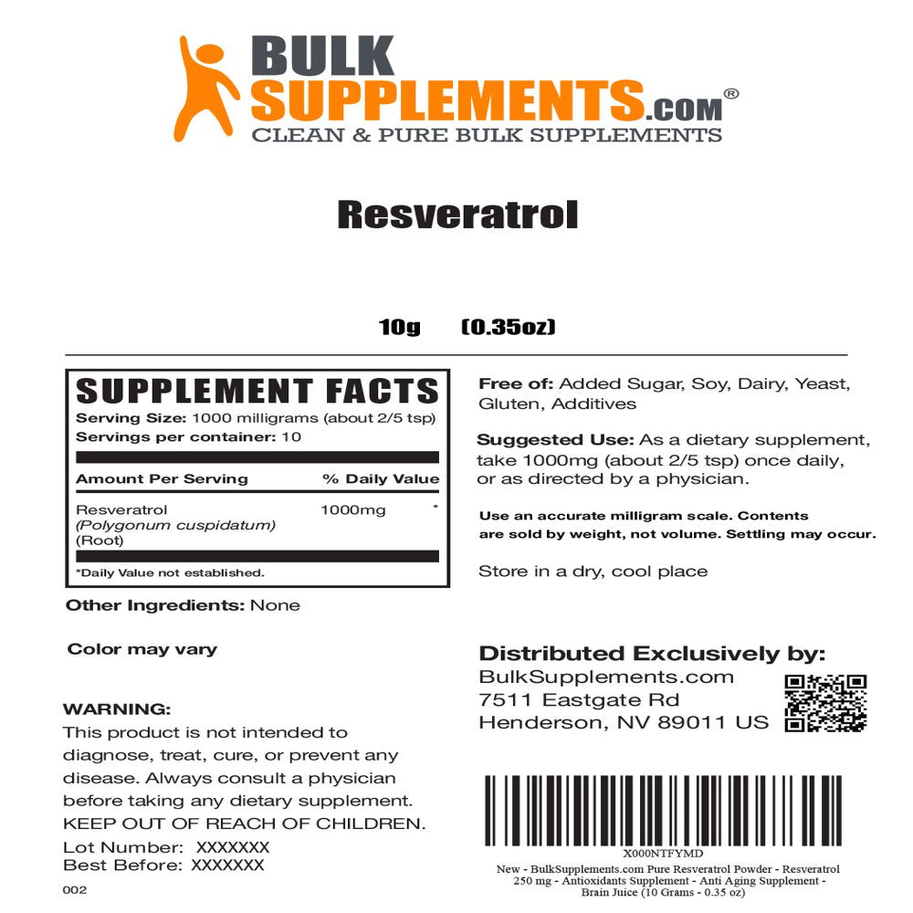 Bulksupplements.Com Resveratrol Powder, 1000Mg - Brain, Heart & Joint Support Supplement (10G - 10 Serv)