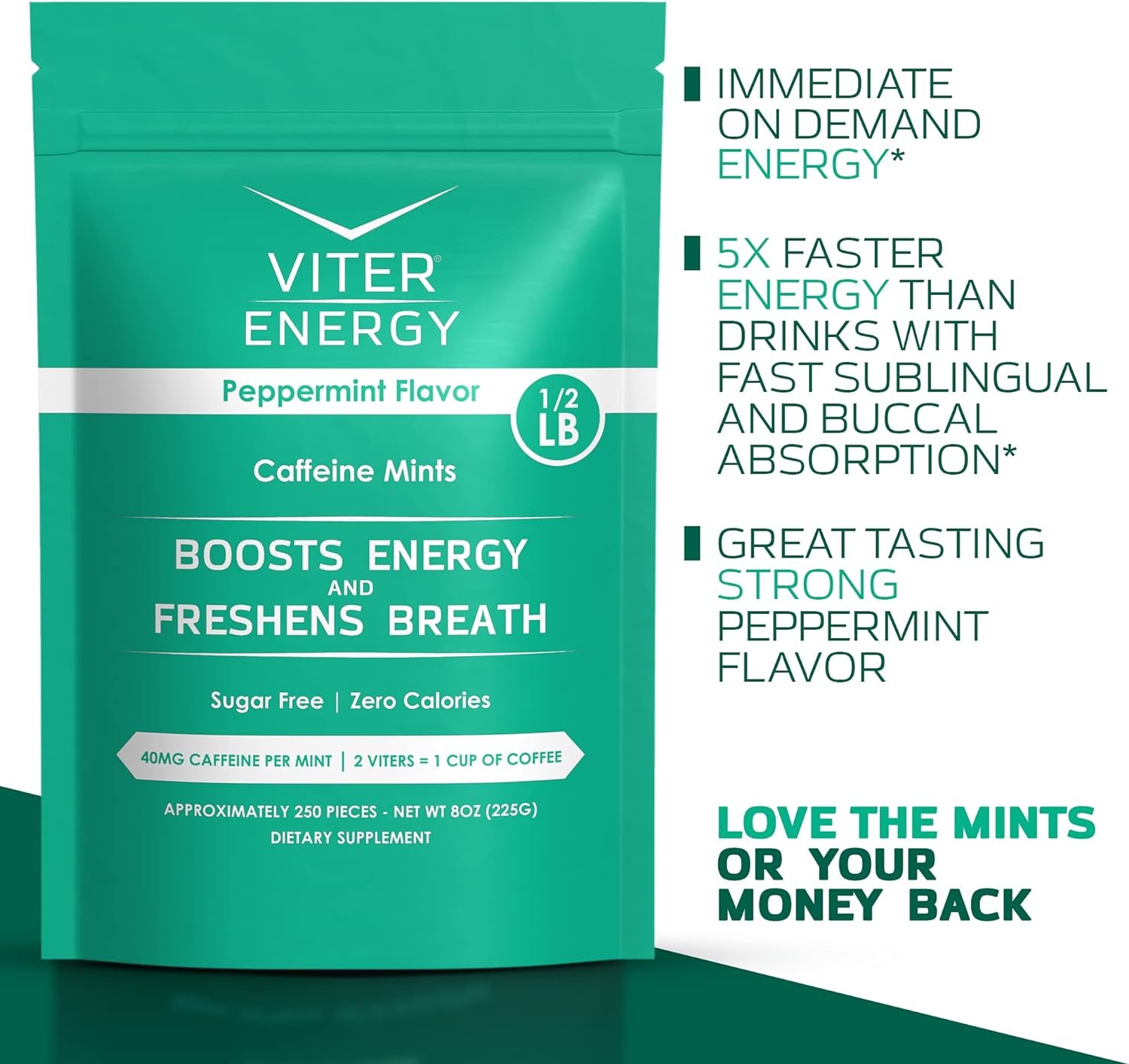 Viter Energy Original Caffeine Mints Peppermint Flavor 6 Pack and 1/2 Pound Bulk Bag Bundle - 40Mg Caffeine, B Vitamins, Sugar Free, Vegan, Powerful Energy Booster for Focus and Alertness