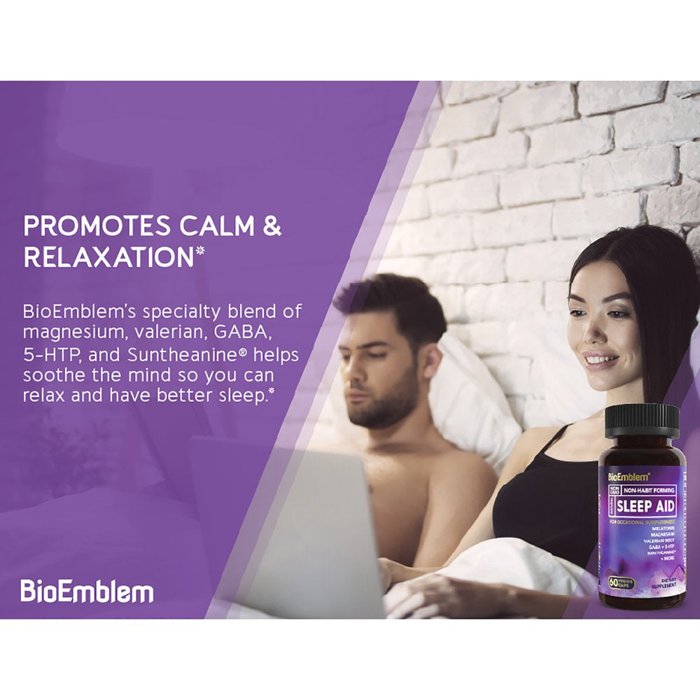Bioemblem Sleep Aid - Adults, Melatonin, Valerian Root, Suntheanine - 60 Capsules