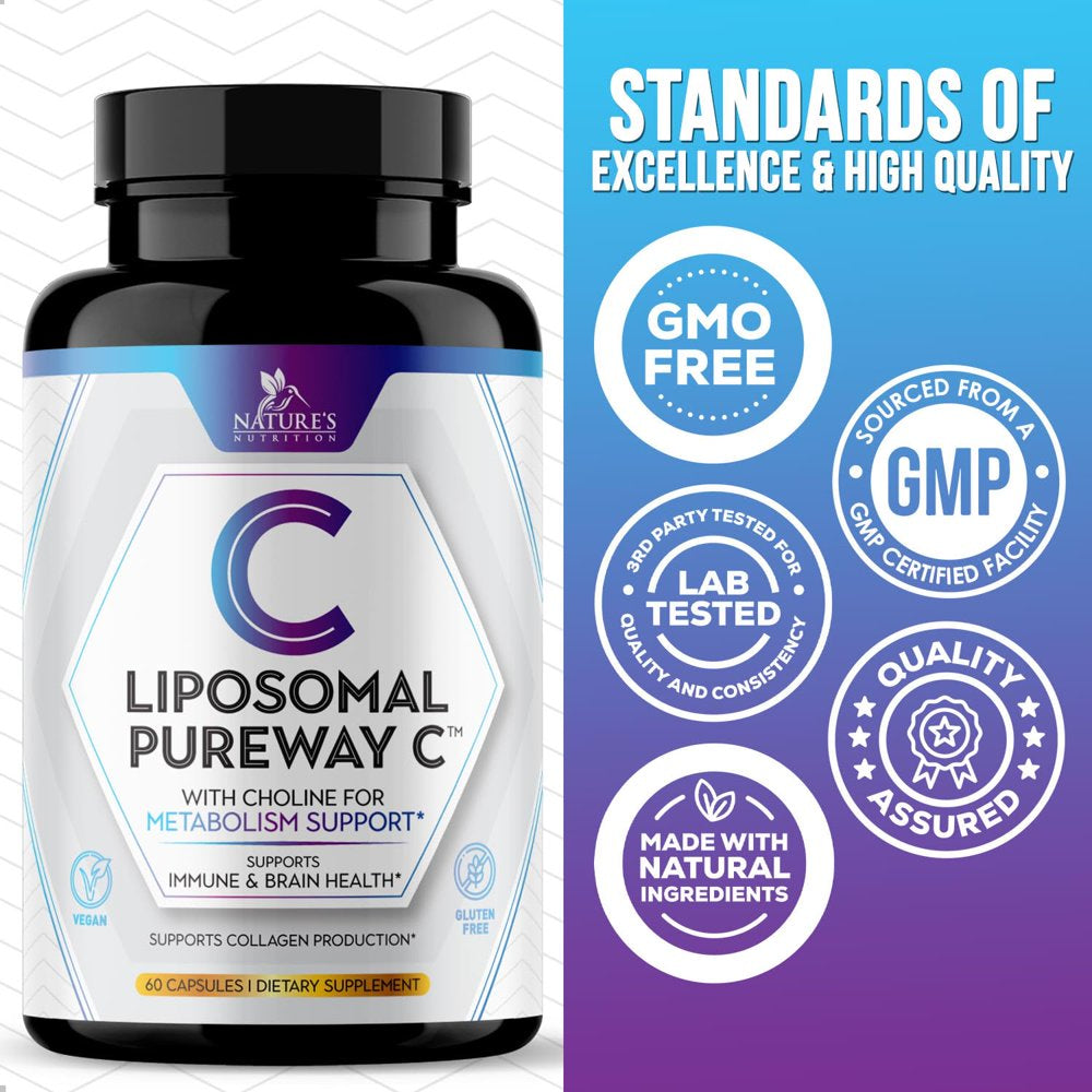 Liposomal Vitamin C Extra Strength 1000 Mg Pureway Vitamin C Supplement for Immune Support & Collagen Booster, Buffered Soluble Nature'S Liposome VIT C, Encapsulated for High Absorption - 60 Capsules