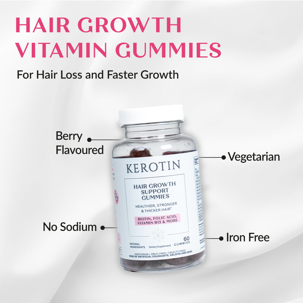 Kerotin Hair Growth Gummies - Vegetarian, Natural and 100% Made in the US - for Thinning Hair and Faster Growth - Berry Flavored, Contains Biotin and Essential Vitamins