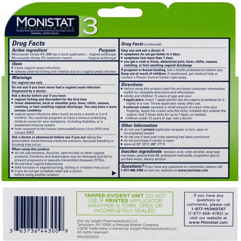 Monistat Vaginal Antifungal 3-Day Prefilled Cream Itch Relief, 3 Ct, 2 Pack