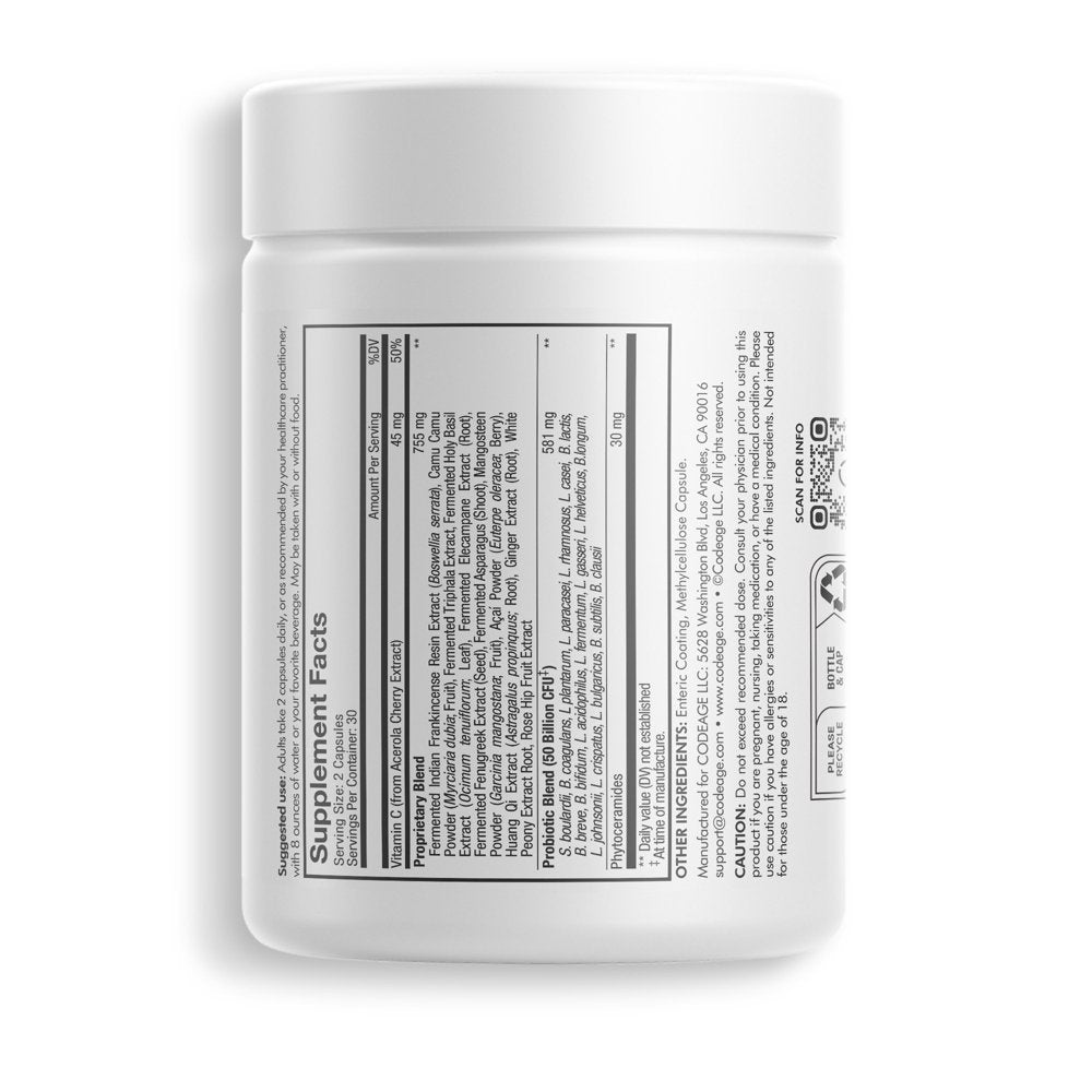 Codeage Skin Probiotics 50 Billion CFU & Prebiotics, Skin Ayurvedic Botanical Herbs, Shelf-Stable, 60 Ct