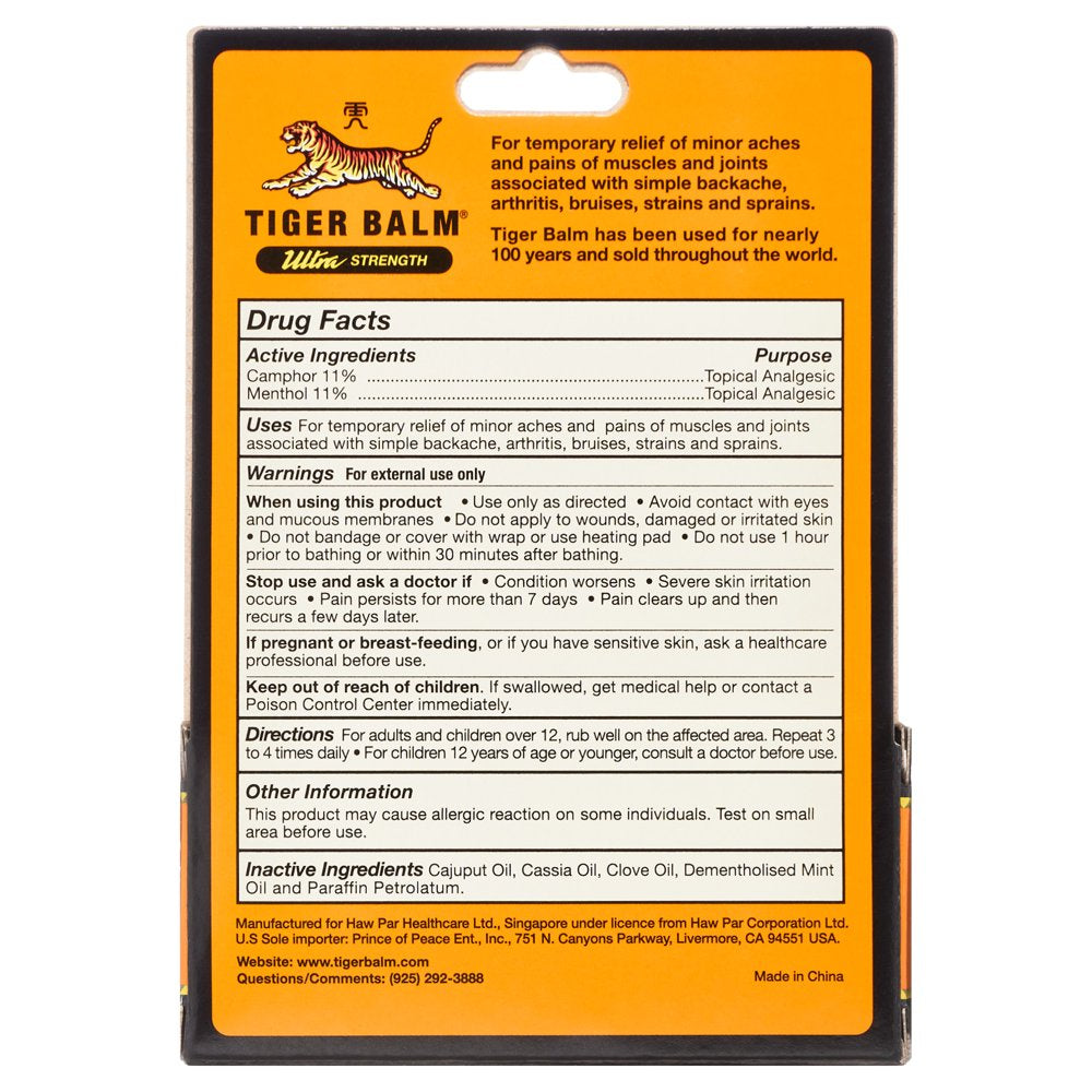 Tiger Balm Ultra Strength Pain Relieving Ointment, 0.63 Oz Jar for Backaches Sore Muscles Bruises and Sprains