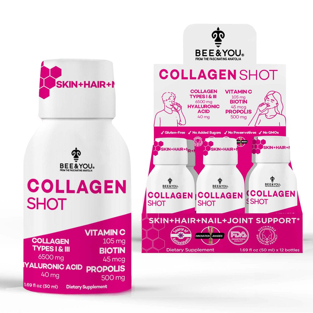 BEE and YOU Collagen Liquid Shot Drink with Vitamin C, Hyaluronic Acid, Biotin - Promotes Skin, Hair, Nail and Joint Health, 1.69 Fl. Oz X 12 Bottles