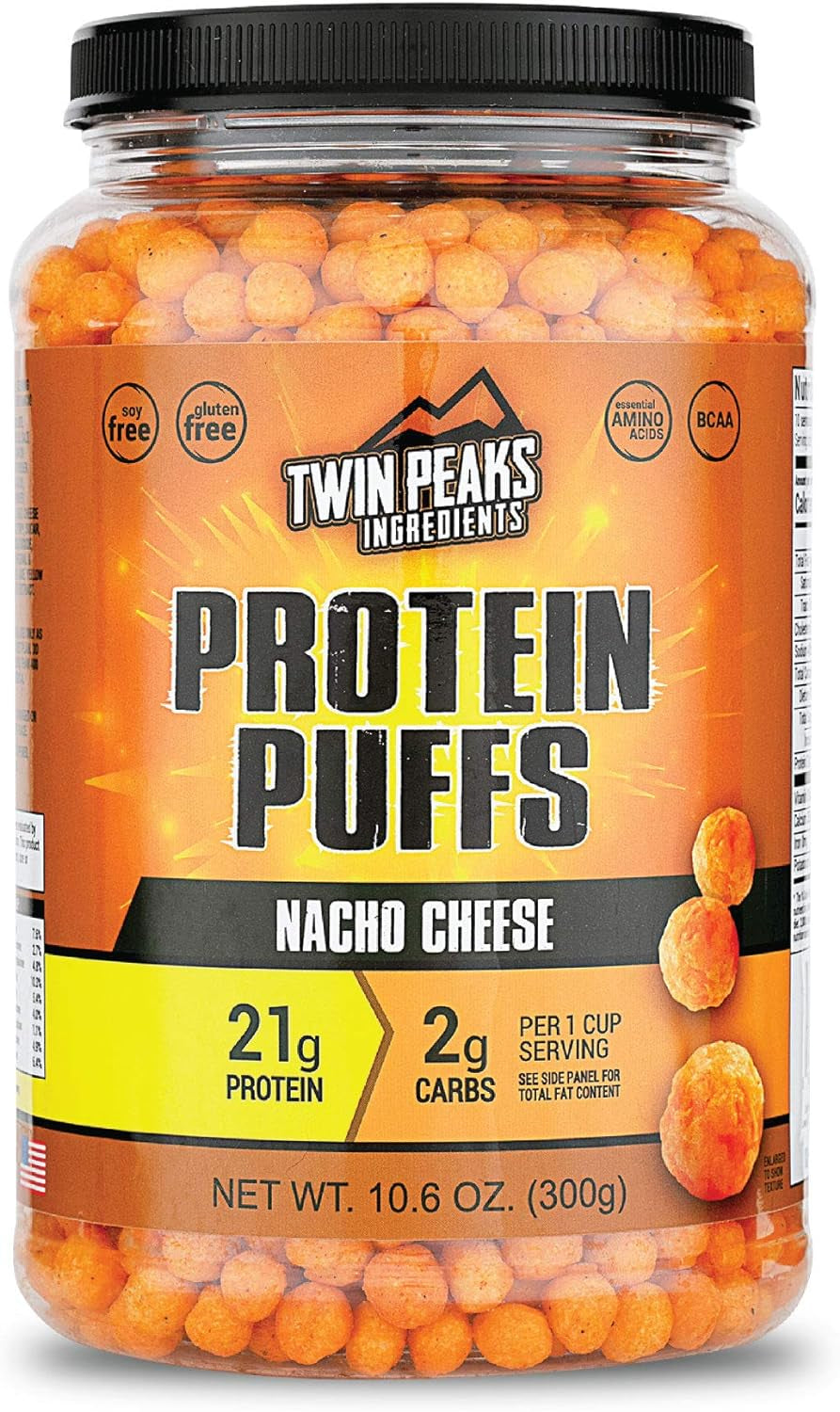 Twin Peaks Low Carb, Keto Friendly Protein Puffs, 1 Jug Garlic Parmesan Flavor Puffs + 1 Jug Nacho Cheese Flavor Puffs