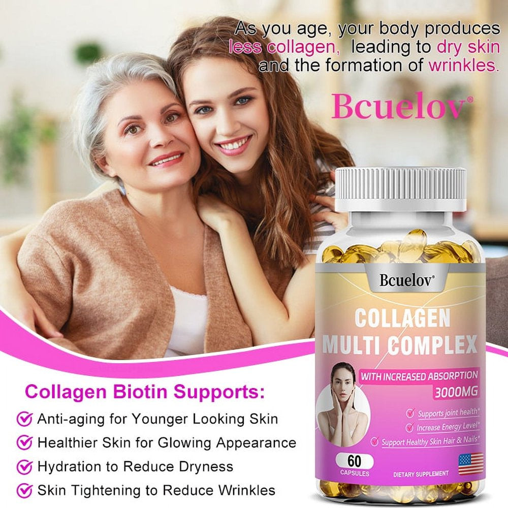 Bcuelov COLLAGEN MULTI COMPLEX - 3000 Mg, Supports Joint, Energy, Skin, Hair & Nail Health, Complex Collagen Capsules