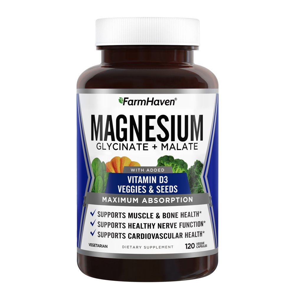 Magnesium Glycinate & Malate Complex W/Vitamin D3, 100% Chelated for Max Absorption, Vegetarian - Bone Health, Nerves, Muscles, 120 Capsules, 60 Days