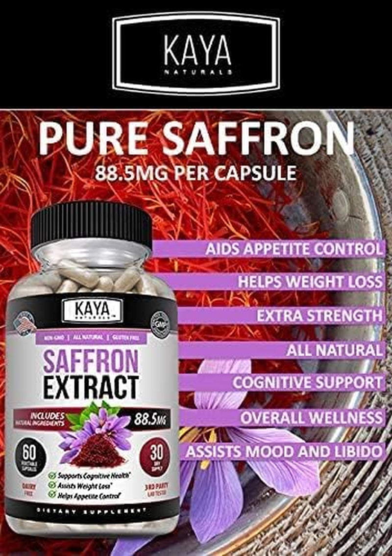 Kaya Naturals Saffron Supplement Capsule - 100% Pure Saffron Extract with Natural Ingredients | Boost Energy & Mood, Support Eye & Heart Health, 60 Count