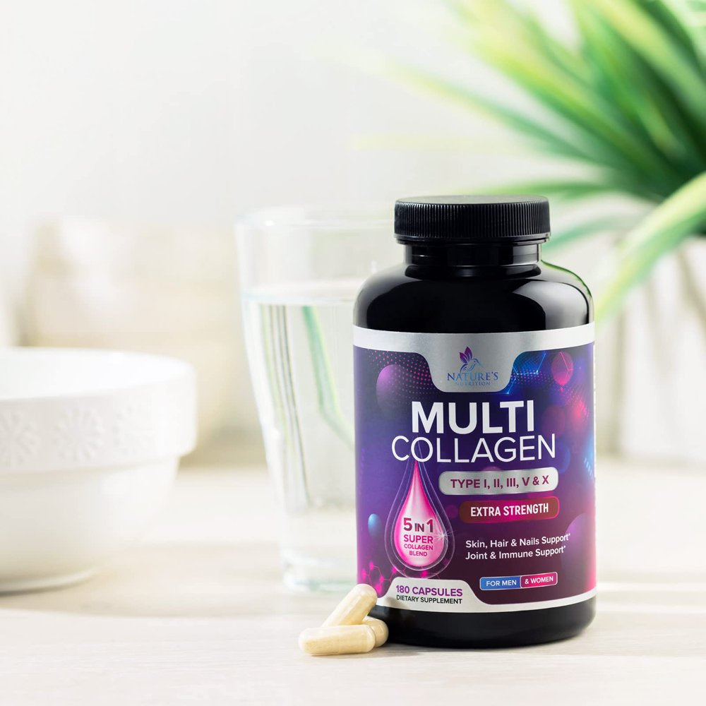 Multi Collagen Complex Pills - Type I, II, III, V, X, Grass Fed & Non-Gmo Hydrolyzed Collagen Peptides Supplement - Supports Hair, Nails, Skin & Joint Health, Gluten-Free, Paleo & Keto - 180 Capsules