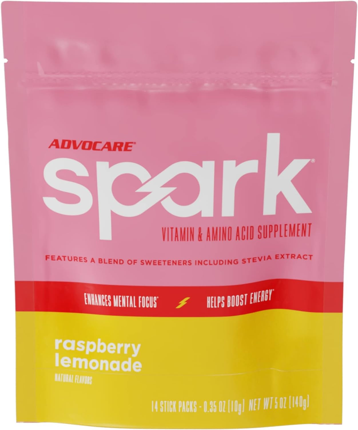 Advocare Spark Vitamin & Amino Acid Supplement - Focus and Energy Drink Mix with Stevia - Raspberry Lemonade - 14 Pack