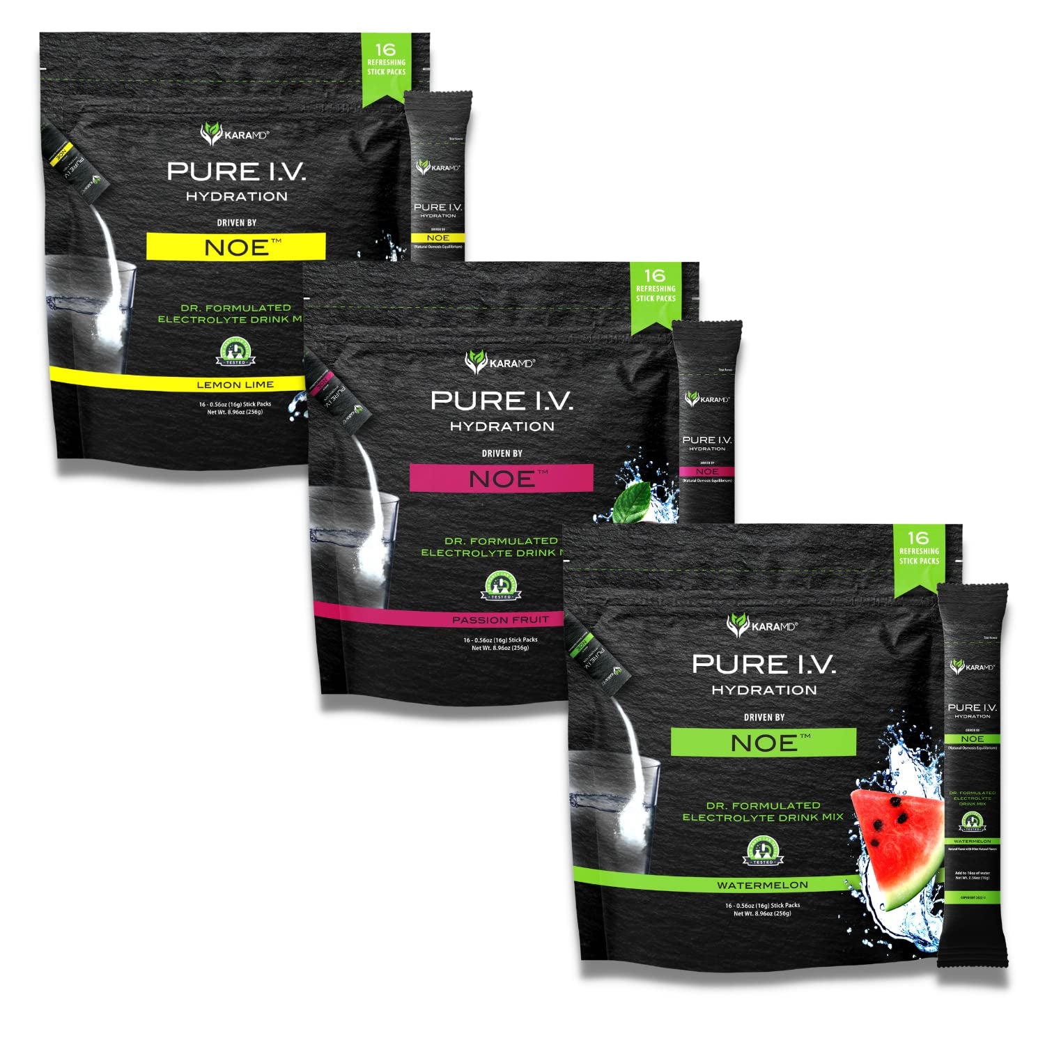 Karamd Pure I.V. - Electrolyte Powder Drink Mix 3 Flavor Bundle – Refreshing & Delicious Hydrating Packets with Vitamins & Minerals – 1 Lemon Lime - 1 Passion Fruit - 1 Watermelon Bag (48 Sticks)