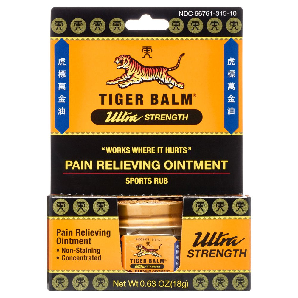 Tiger Balm Ultra Strength Pain Relieving Ointment, 0.63 Oz Jar for Backaches Sore Muscles Bruises and Sprains