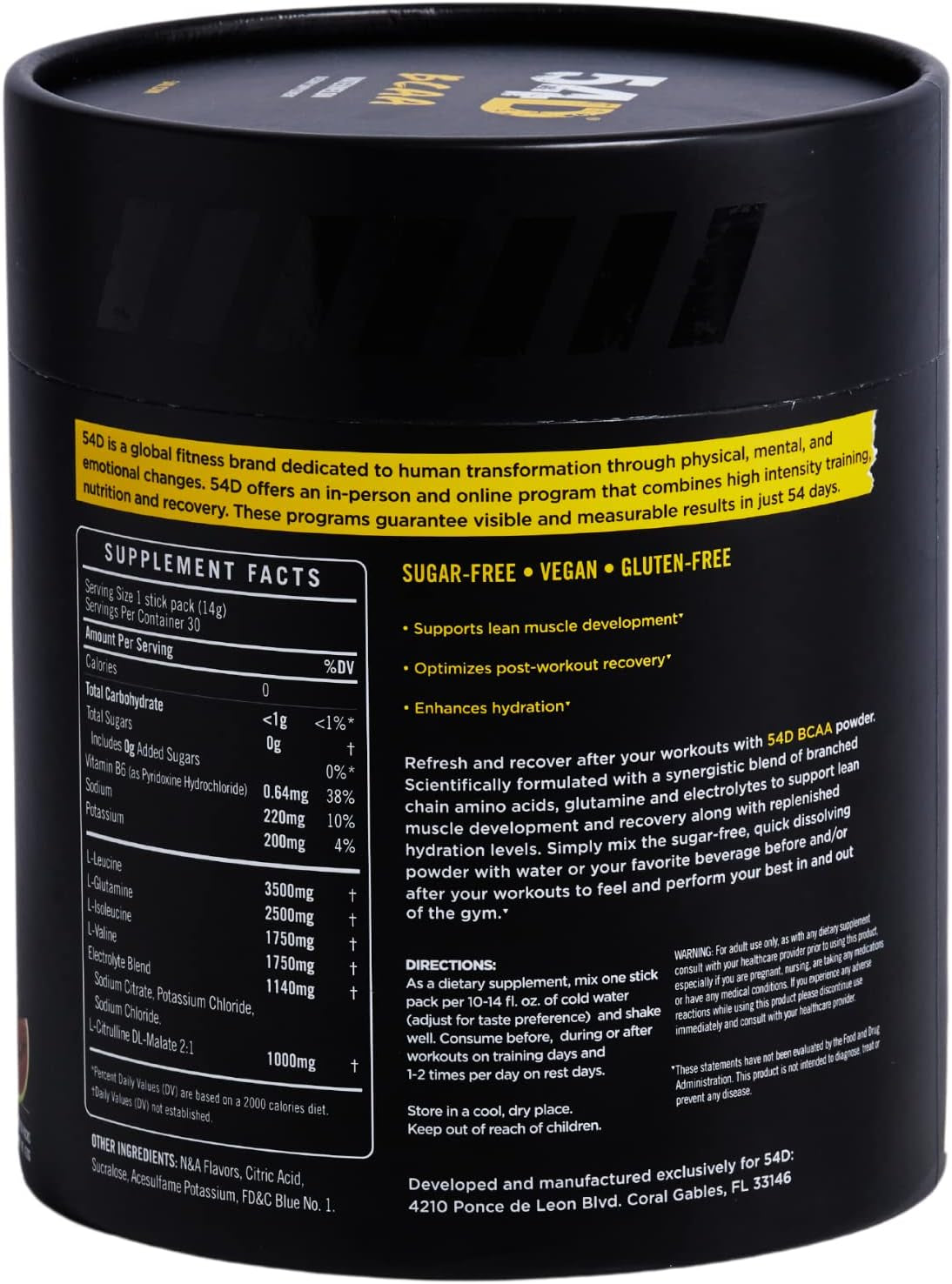 54D BCAA Powder Sports Drink for Hydration & Recovery, Optimizes Post-Workout Recovery, No Calories, Vegan, Gluten and Sugar Free, Glutamine 2.5 G, Watermelon, 30 Single Service Stick, 14.8 Oz