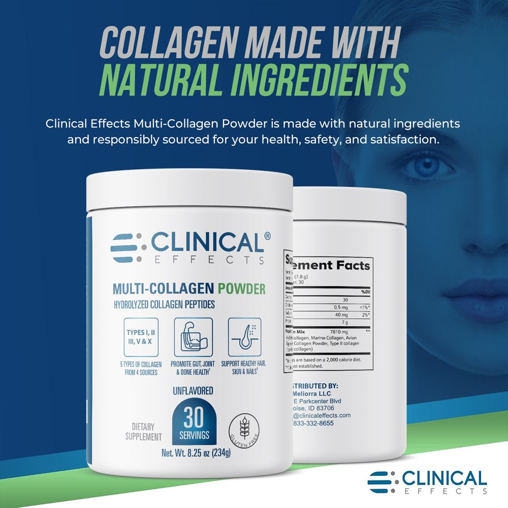 Clinical Effects Multi-Collagen Powder - Collagen Dietary Supplement - 8Oz - 30 Servings - 5 Types of Quality-Sourced Multi-Collagen to Support Joint, Bone, Skin and Nail Health - Fast Absorption