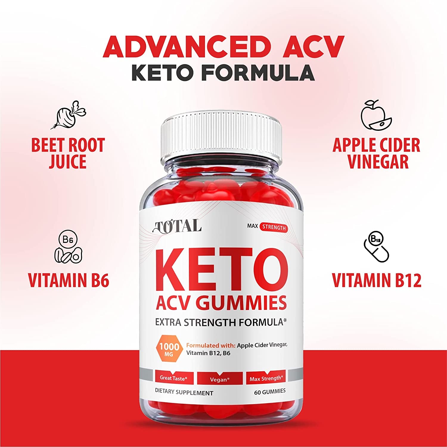 Total Keto Gummies - Official Formula, Vegan - Total Keto ACV Gummies, Total ACV Gummies with Apple Cider Vinegar Gummies, Total Keto Gummy, Vitamin B12, B6, Beet Root Juice, Pomegranate (60 Gummies)