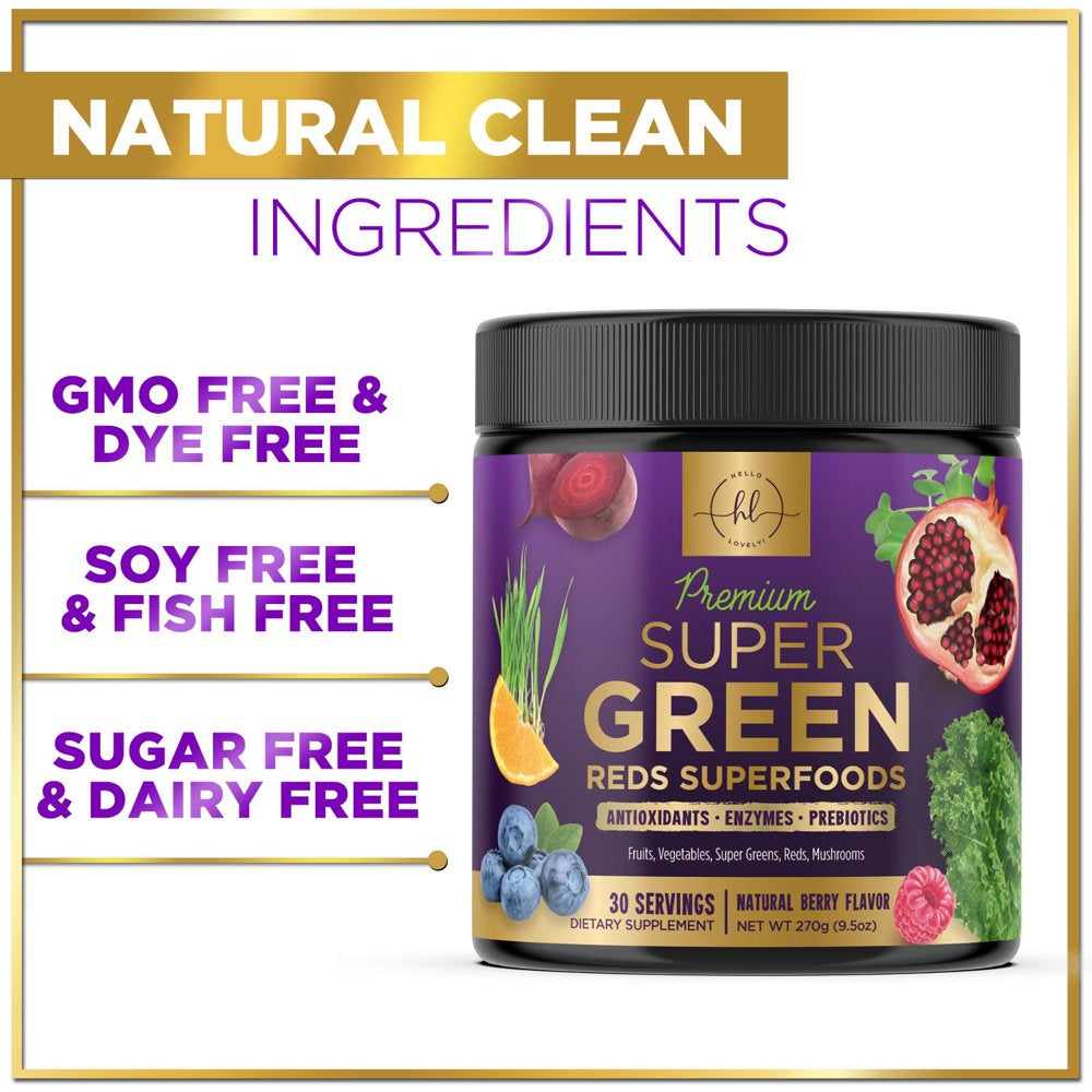 Hello Lovely! Super Greens Drink Powder, Greens Blend Smoothie Mix for Energy Support W/Superfood Spirulina, Chlorella & Antioxidants, Digestive Enzymes, Vegan, Non-Gmo, Berry Flavor - 30 Servings