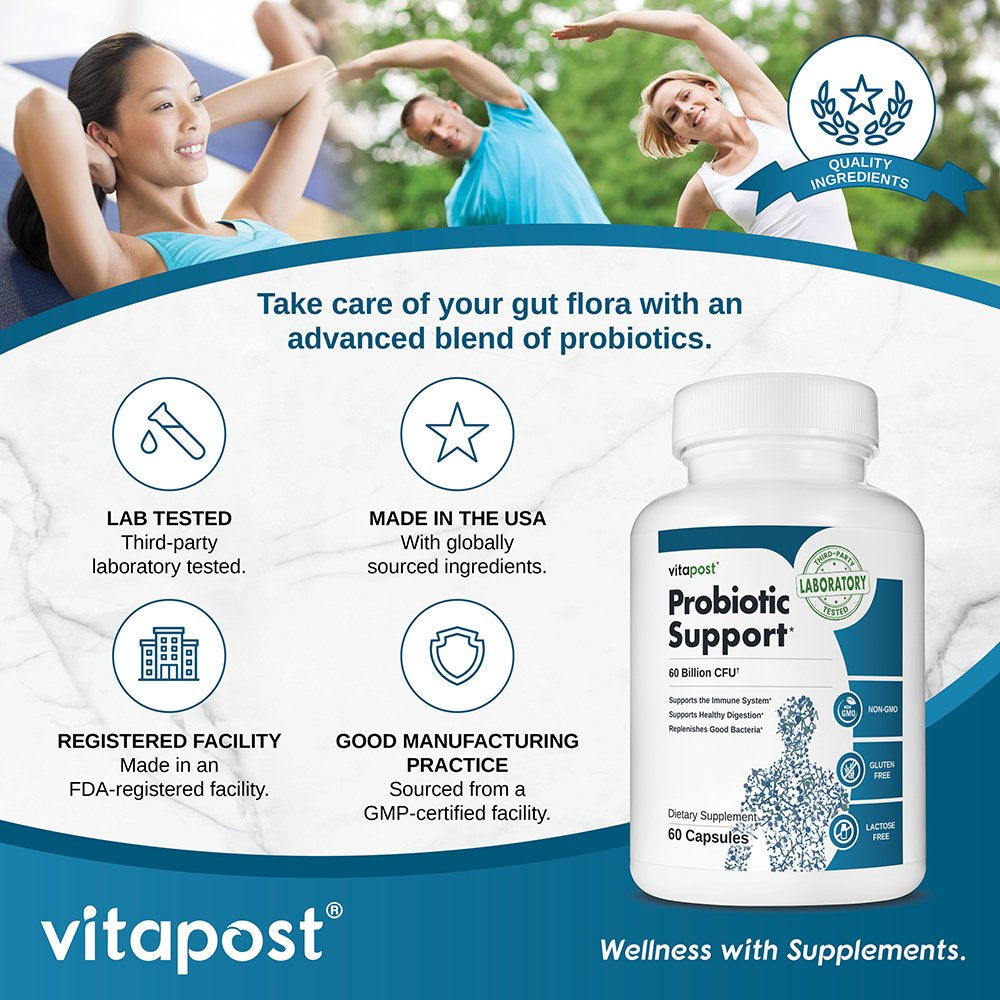 Vitapost Probiotic Support Supplement with Digestive Flora for Gut Health - 60 Capsules