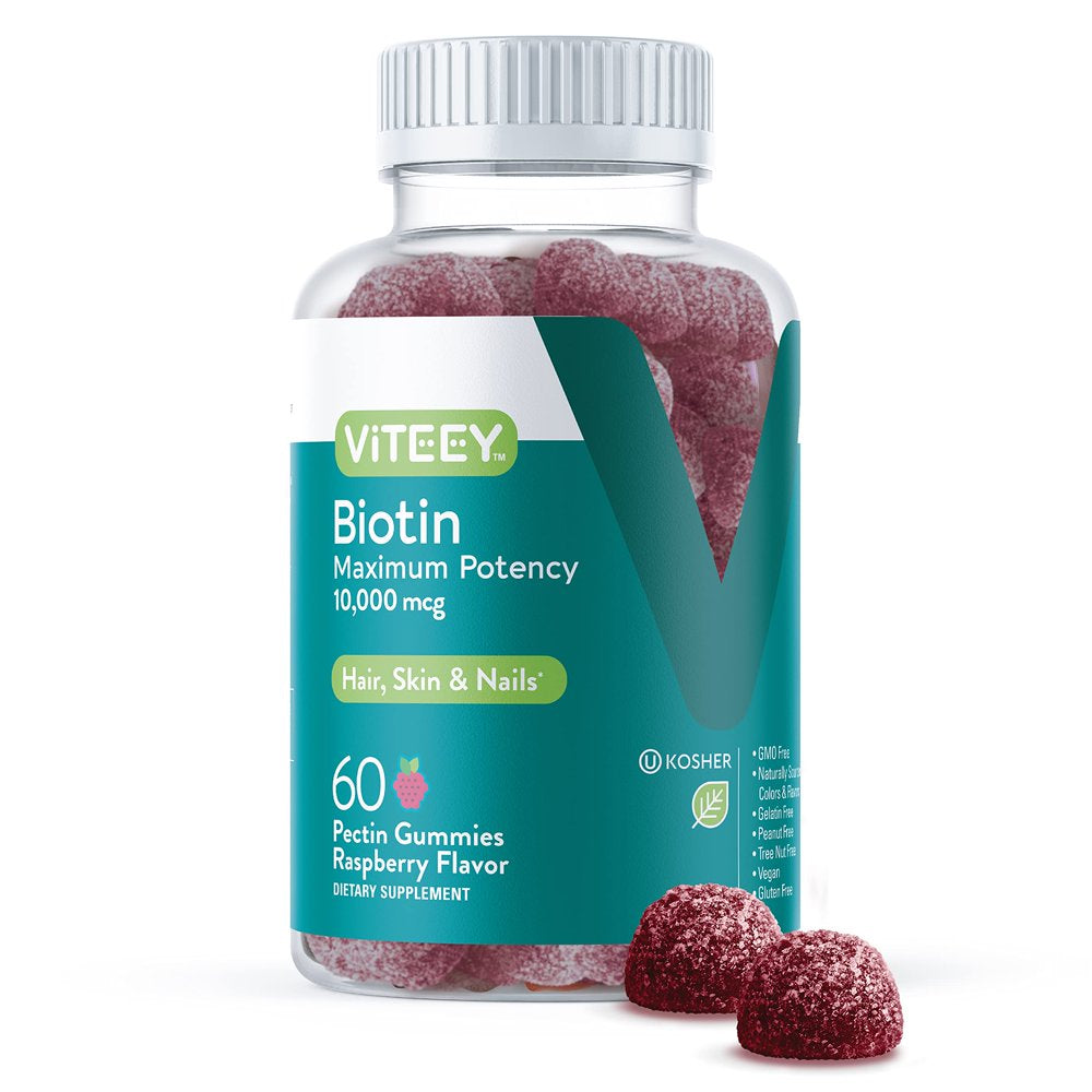Biotin Gummies 10,000Mcg - Highest Potency Vitamin B7 & H for Healthy Hair Growth, Skin & Nails - Dietary Supplement, Vegan, Pectin Gummy - for Adults Teens & Kids -Raspberry Flavor [60 Count-1 Pack]