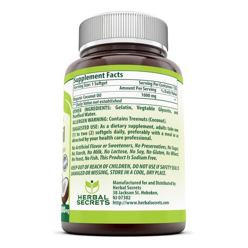 Herbal Secrets Organic & Extra Virgin Coconut Oil Dietary Supplement - 1000Mg - 120 Softgels (Non-Gmo) - Weight Management & Immune System Support - Promotes Heart Health*