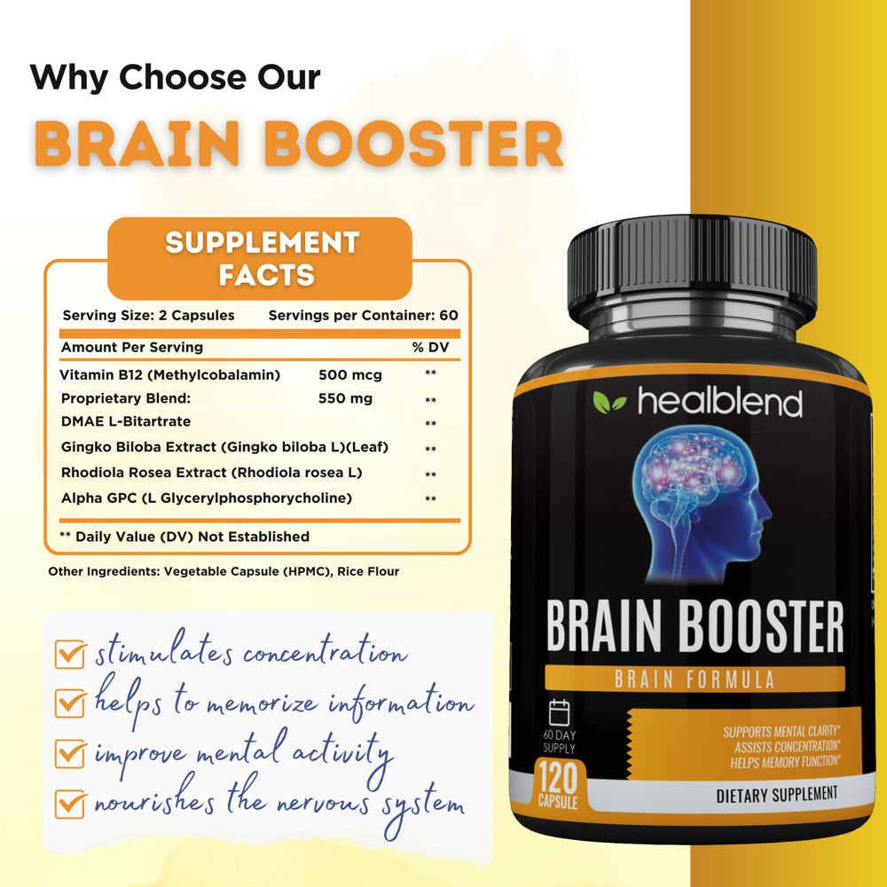 Healblend Brain Booster Supplement - Supports Mental Clarity, Concentration & Memory Function with Ginkgo Biloba, DMAE, Vitamin B12, Rhodiola, Alpha GPC - 120 Capsules