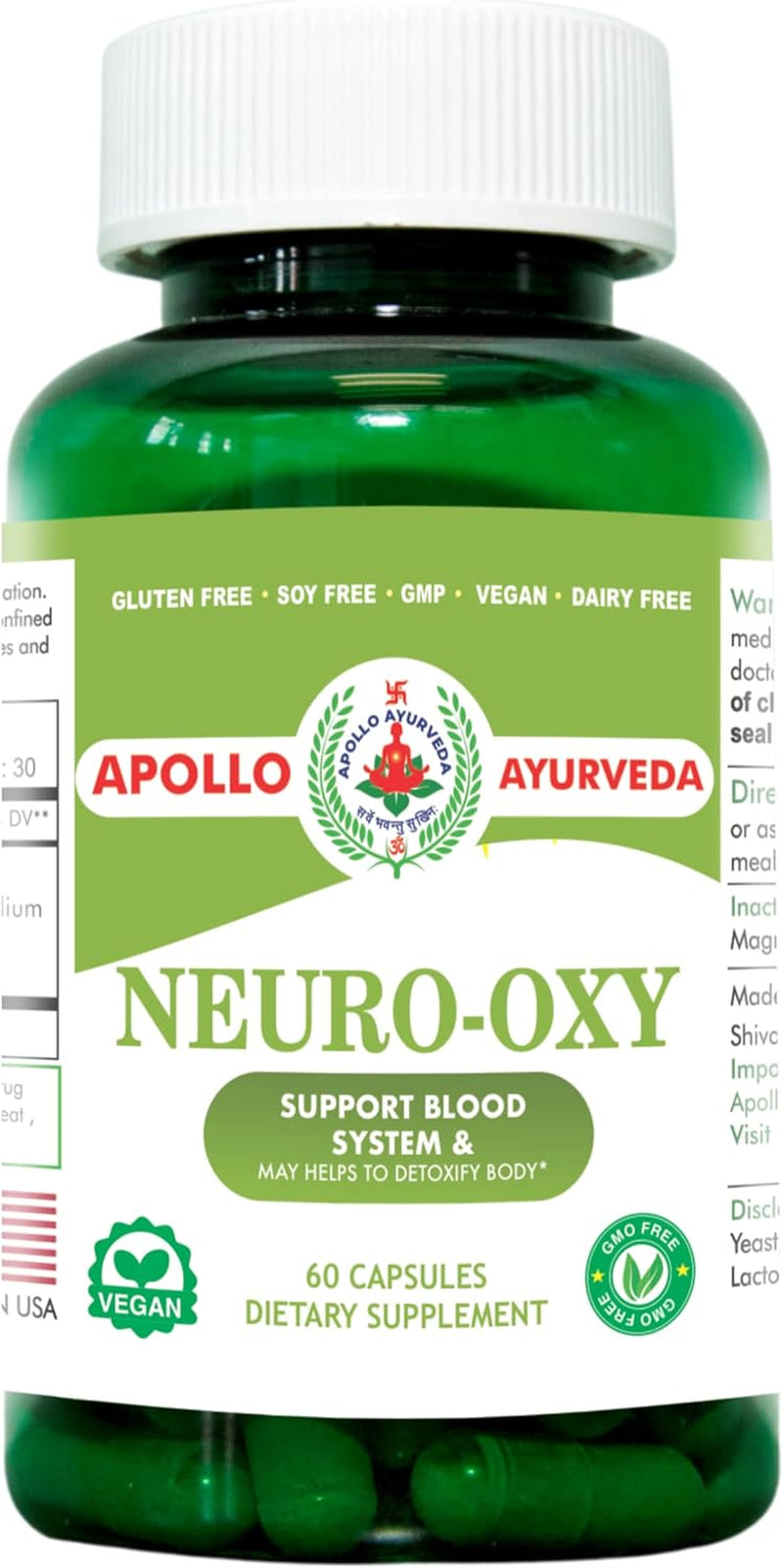 Apollo Ayurveda Neuro Oxy Support Heart Health Blood System Equivalent 5000 Mg Neem and Turmeric (Haldi) Ayurvedic Vegan 60 Capsules