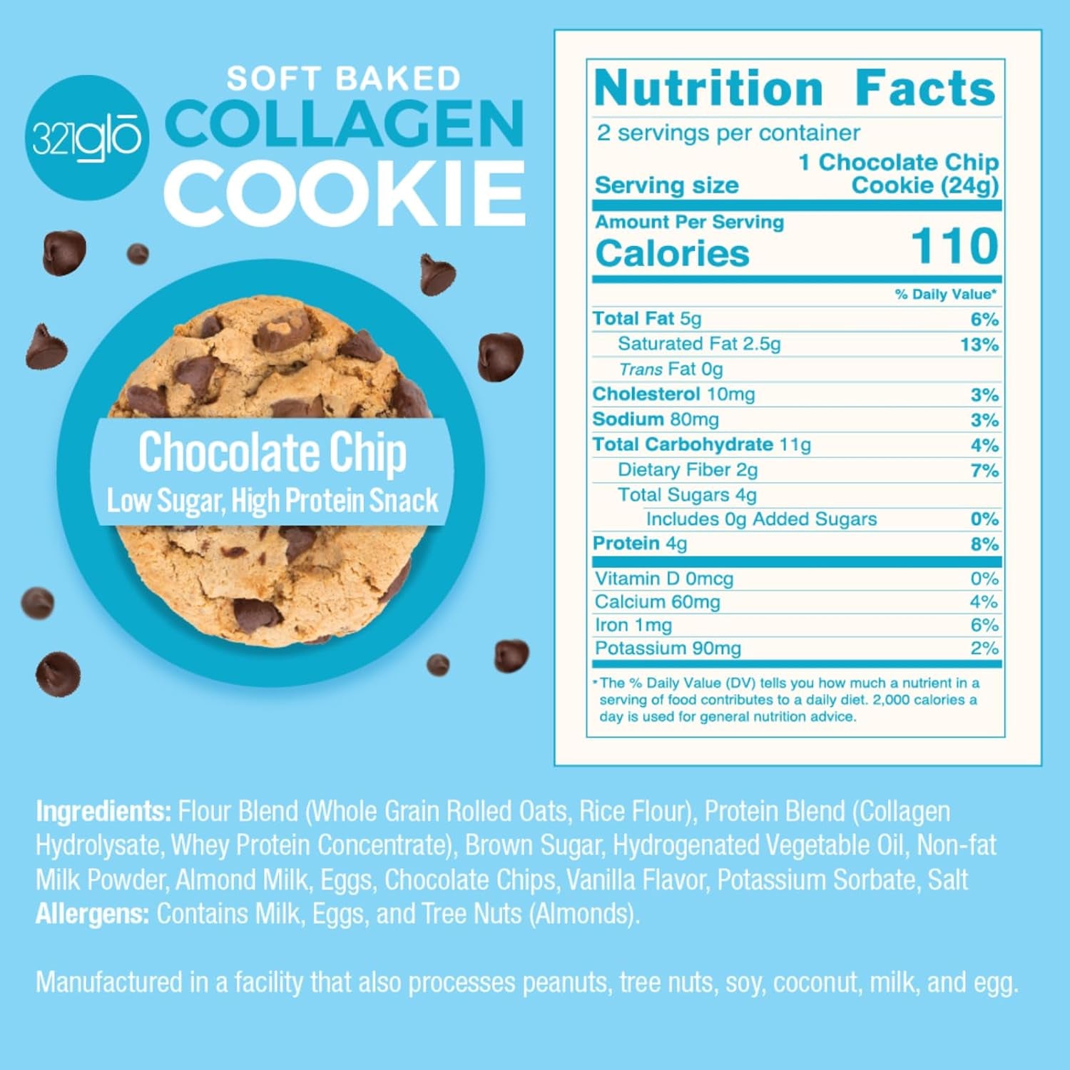 321Glo Collagen Cookies | Soft Baked, High Protein Cookies | Low Carb, Low Sugar | Keto Snack for Women, Men, & Kids | 12 Pack (Chocolate Chip)