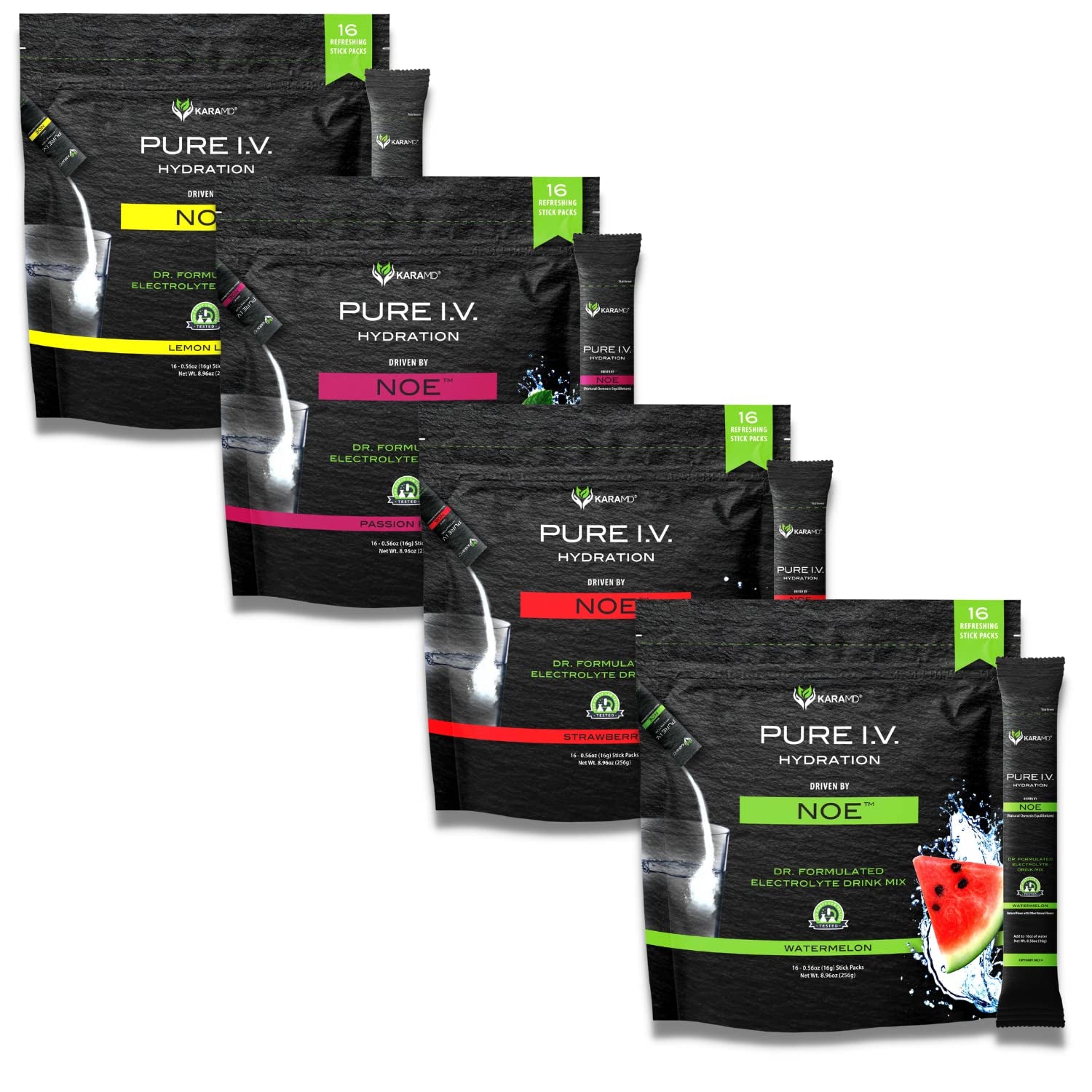 Karamd Pure I.V. - Electrolyte Powder Drink Mix 4 Flavor Bundle – Delicious Hydrating Packets with Vitamins & Minerals – 1 Lemon Lime - 1 Strawberry Bag - 1 Passion Fruit - 1 Watermelon (64 Sticks)