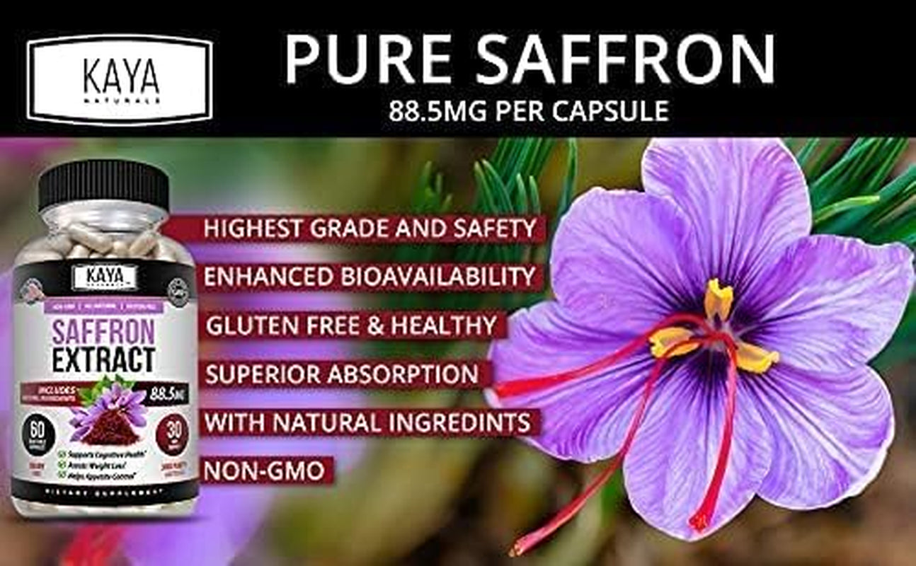 Kaya Naturals Saffron Supplement Capsule - 100% Pure Saffron Extract with Natural Ingredients | Boost Energy & Mood, Support Eye & Heart Health, 60 Count