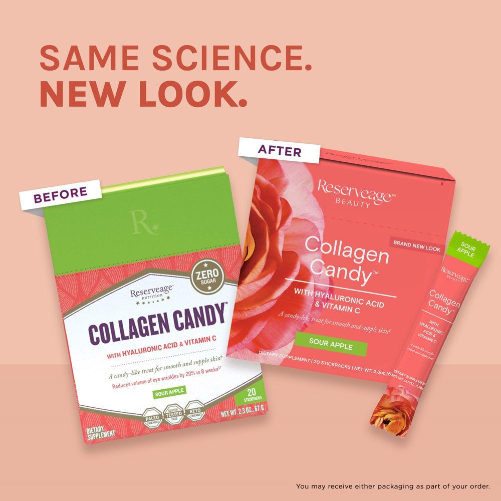 Collagen Candy, Sour Apple, 20 Stickpacks, 0.1 Oz (3.35 G) Each, Reserveage Nutrition