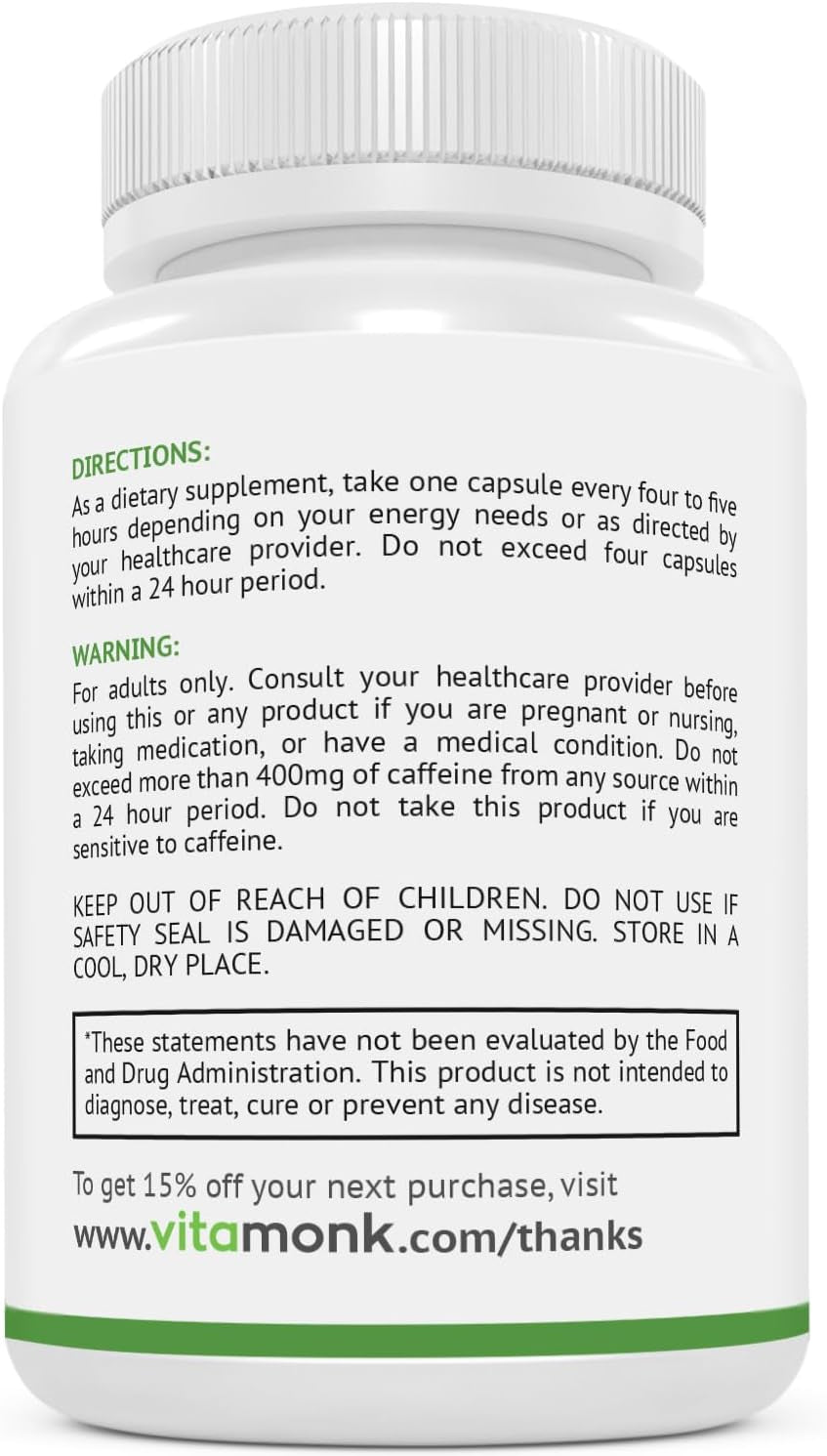 Vitamonk Low Dose Caffeine and Theanine - No Jitters, No Crash- Microdose of Caffeine L Theanine Pills with Caffeine Theanine and Theobromine - 25Mg of Caffeine, Caffeine Pills L Theanine - 60 Caps