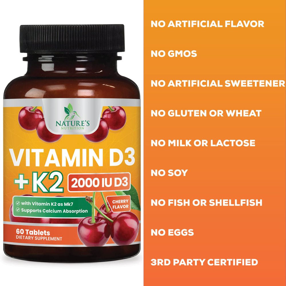 Vitamin D3 K2 as MK-7 with 2000Iu of D3 & 75Mcg K2, Vitamin K2 D3 Bone Strength Supplements Support Calcium Absorbtion for Teeth & Bone Health + Muscle & Immune Health Support - 60 Chewable Tablets