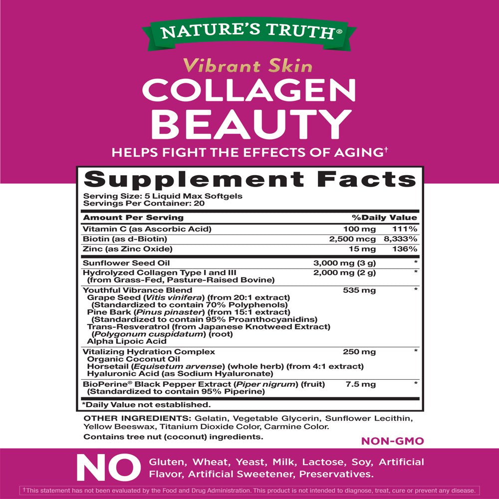 Collagen Beauty Supplement | 100 Liquid Max Softgels | Non-Gmo & Gluten Free Pills | Hydrating Formula | by Natures Truth