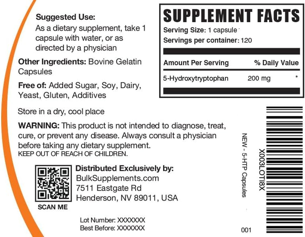 BULKSUPPLEMENTS.COM 5-HTP 200Mg - 5-Hydroxytryptophan, 5 HTP Supplement, 5-HTP Capsules - HTP5 Supplement, Griffonia Seed Extract - Mood Support Supplement, 1 Capsule per Serving, 120 Capsules