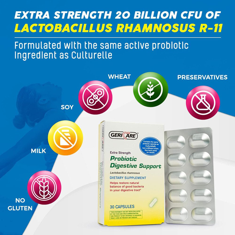 Gericare Probiotic Digestive Support | Extra Strength 20 Billion CFU Lactobacillus Rhamnoses R-11 30 Capsules