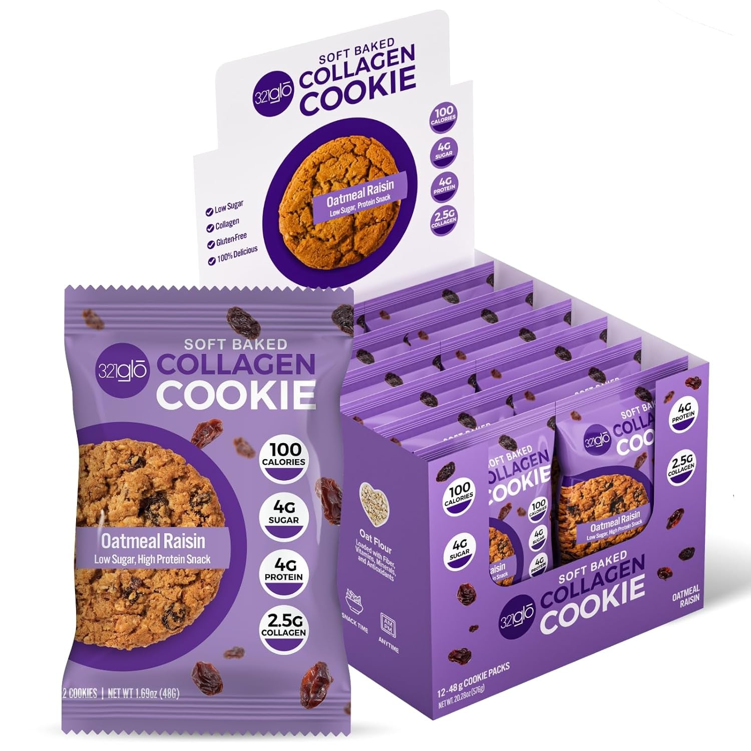 321Glo Collagen Cookies | Soft Baked, High Protein Cookies | Low Carb, Low Sugar | Keto Snack for Women, Men, & Kids | 12 Pack (Oatmeal Raisin)