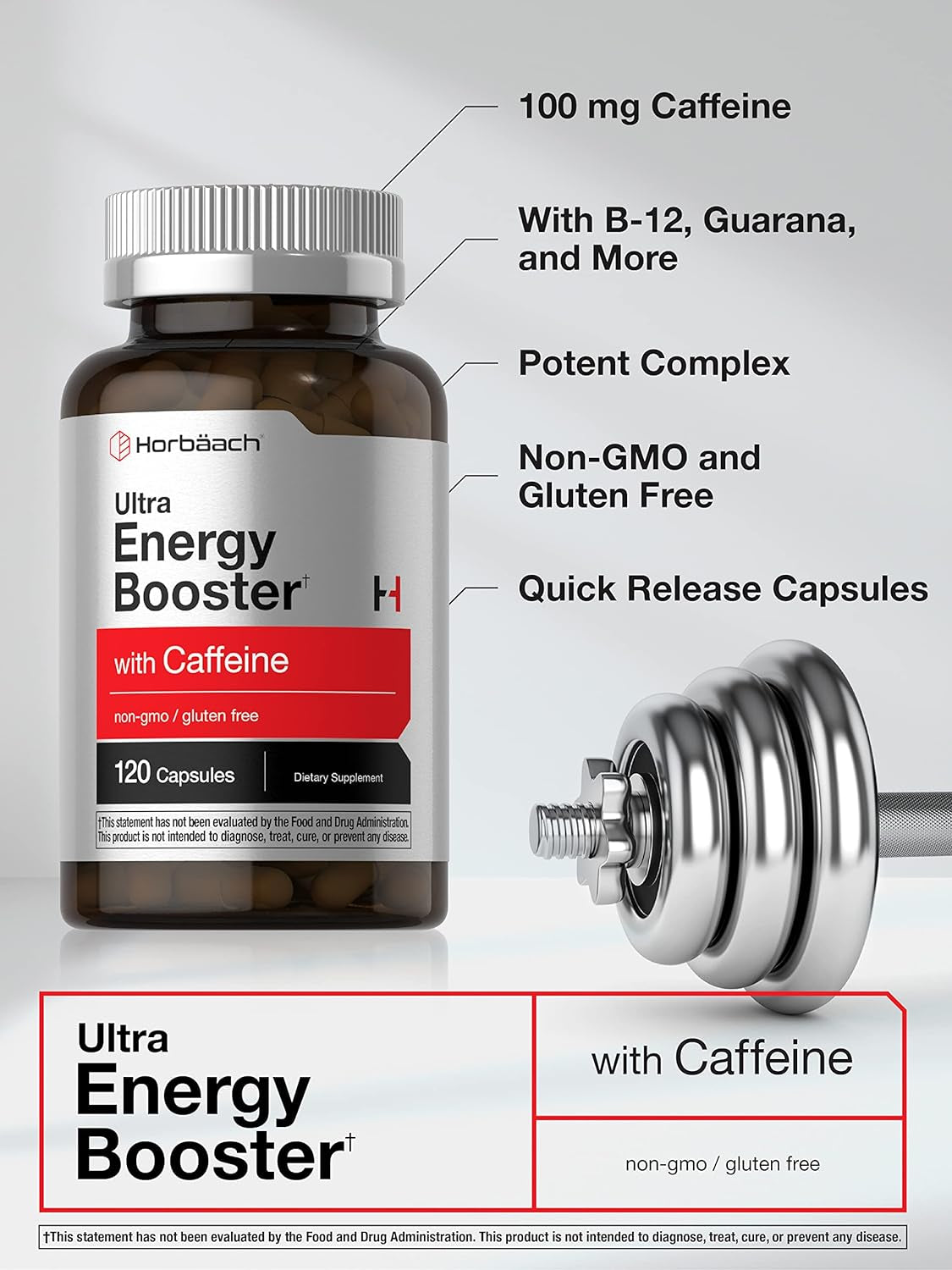 Ultra Energy Supplement | 120 Capsule Pills | with Caffeine & Vitamin B12 | Daily Energy Booster | Non-Gmo, Gluten Free | by Horbaach