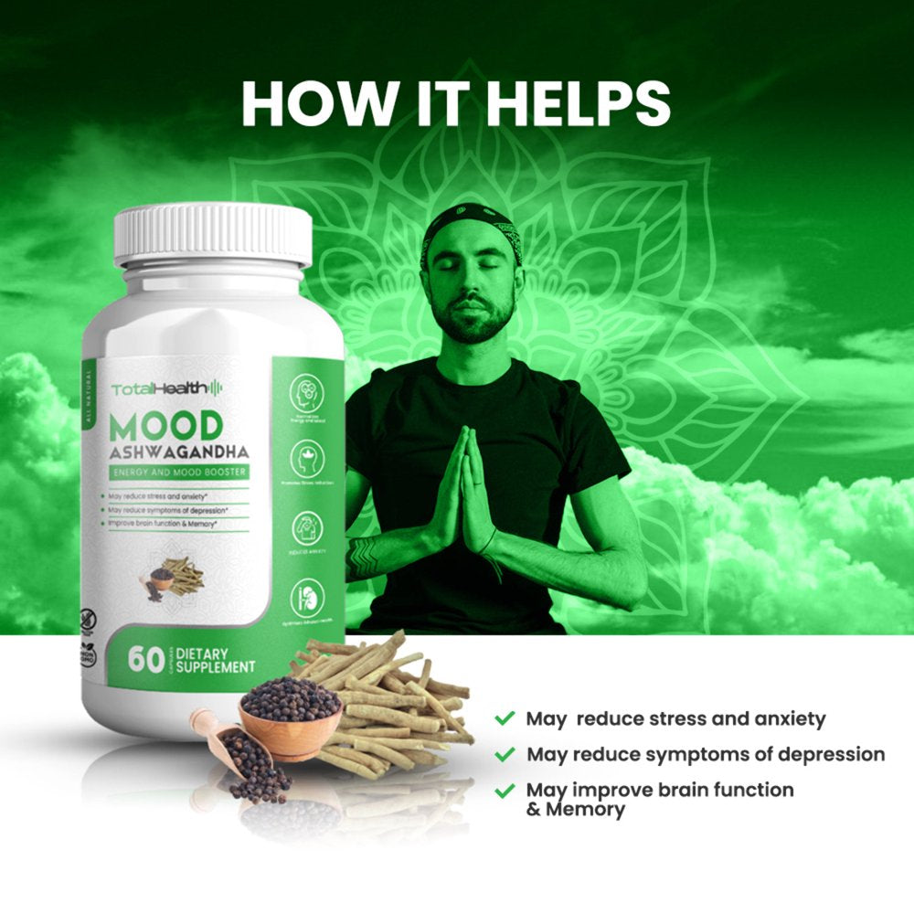 Total Health Organic Ashwagandha 1300Mg Supplements | Mood Adrenal Support, Stress Anxiety Relief Pills | 60 Vegan Capsules