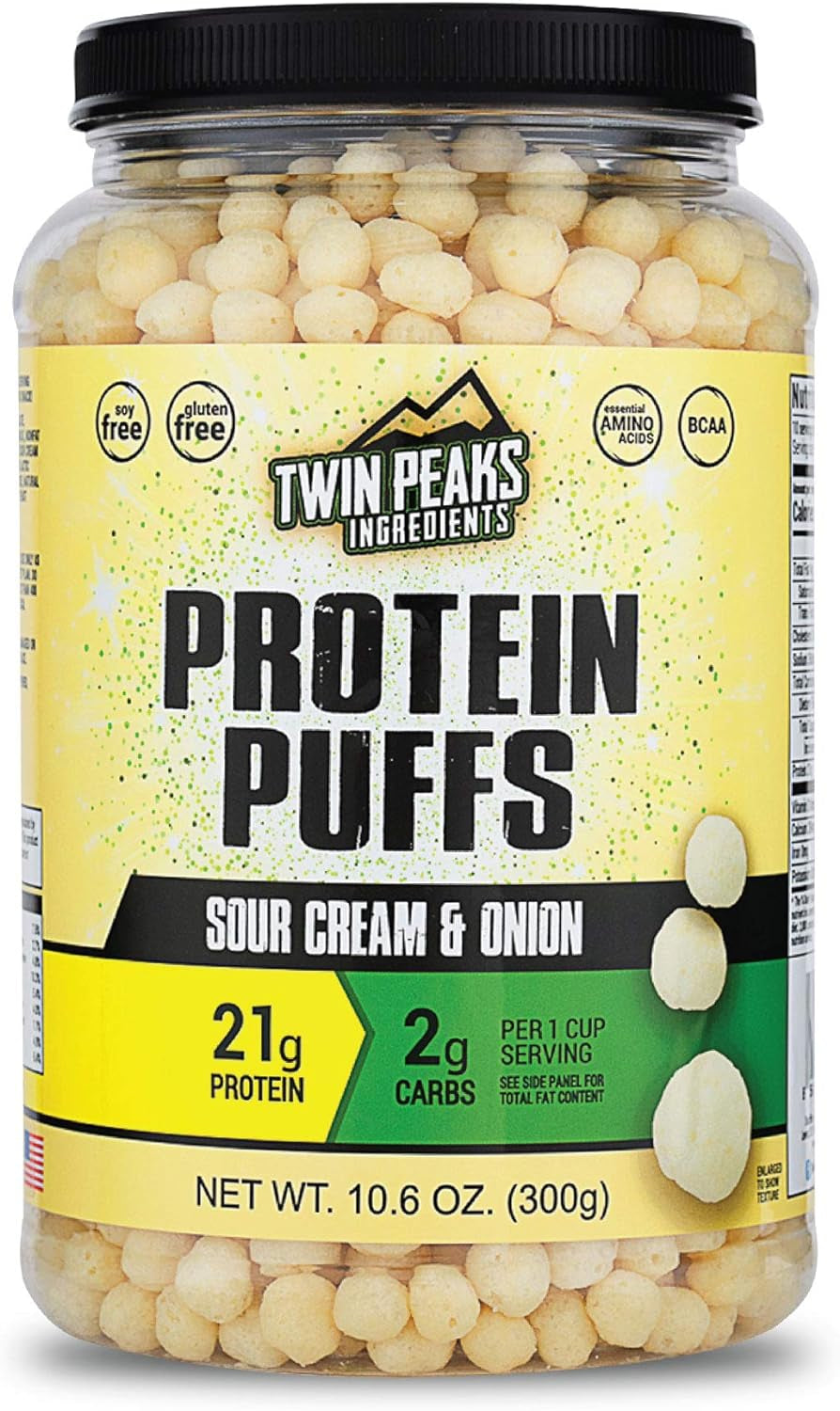 Twin Peaks Low Carb, Keto Friendly Protein Puffs Combo Pack, 1 Jug Sour Cream Flavor Puffs + 1 Jug Nacho Cheese Flavor Puffs