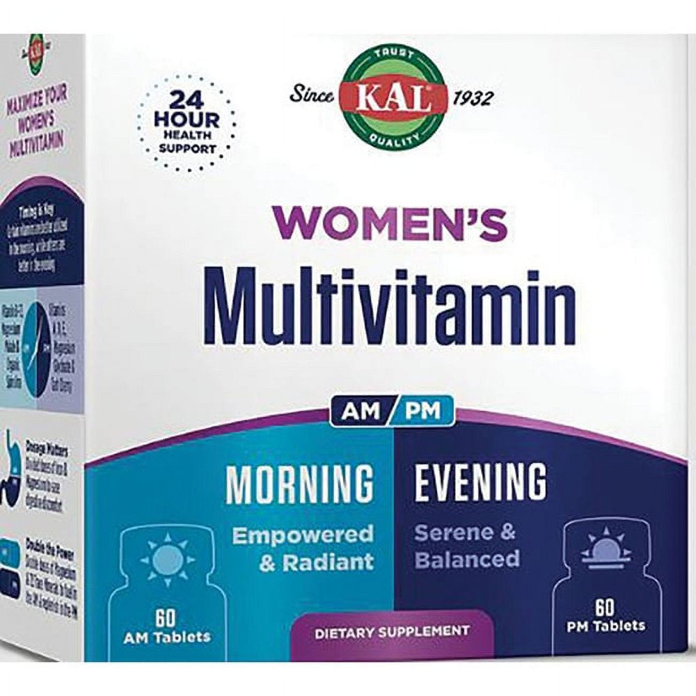 KAL Women'S Multivitamin AM/PM, 2-In-1 Multivitamins for Women with Ashwagandha, Silica, Organic Spirulina, and GABA for Cellular Energy, Bone Strength, Immune Support, Vegan, 30 Servings, 120 Tablets