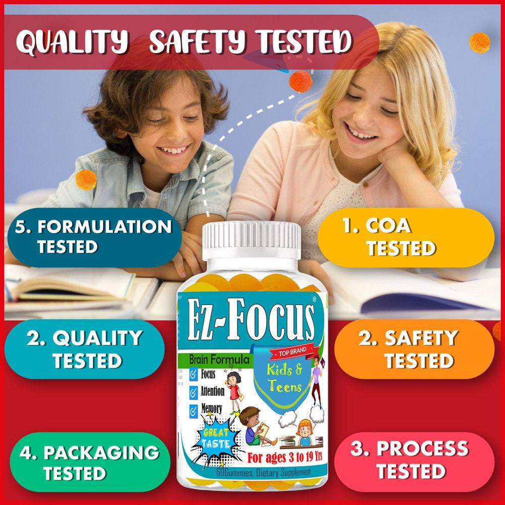 Ez-Focus Kids Brain Focus Chewable Gummies Supplements, Attention & Memory Help Formula for Children and Teens, Natural Omega DHA, Study Task Support