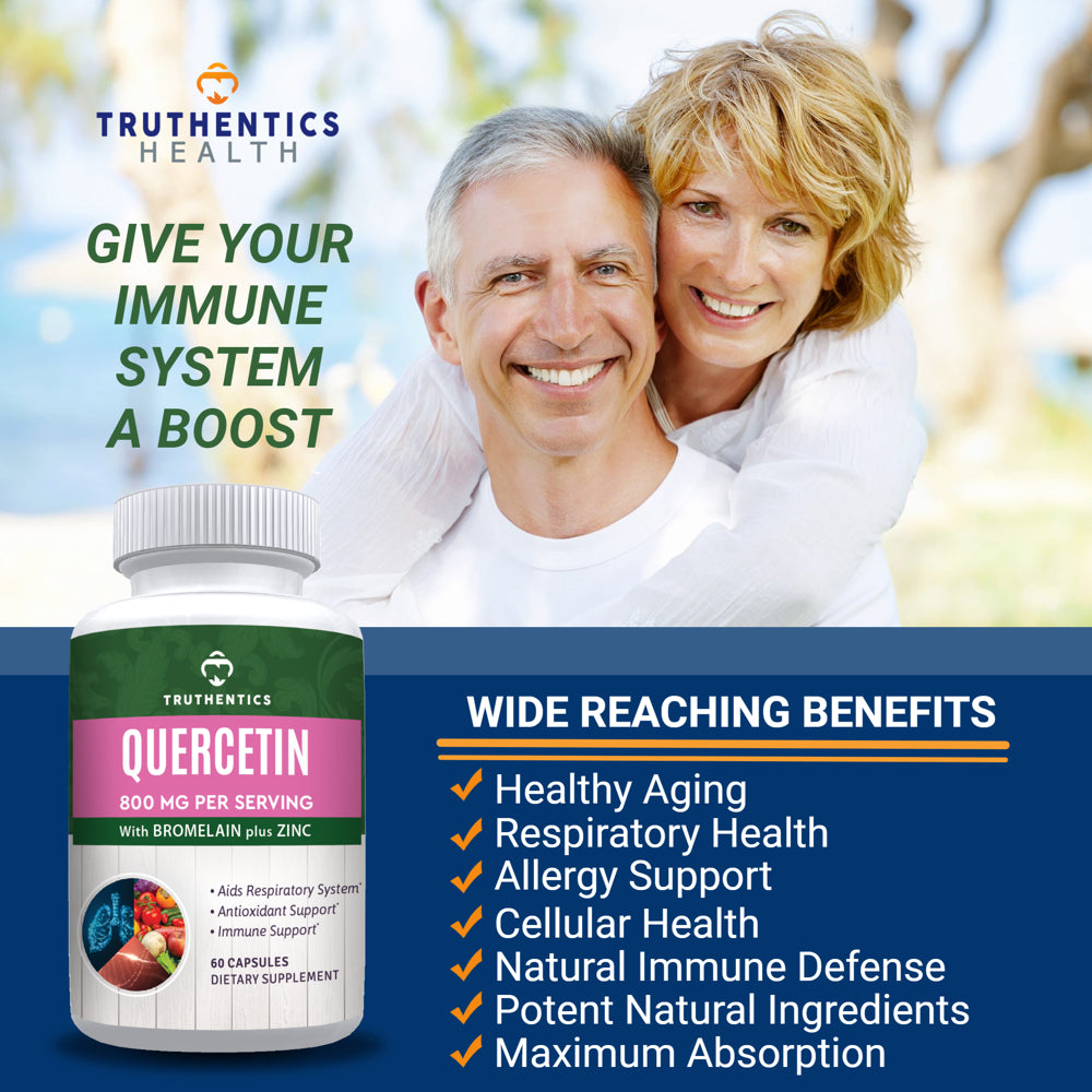 Truthentics Quercetin with Bromelain Zinc Supplement - Quercetin 800Mg - Antioxidant, Immune System Booster, Allergy Relief - 60 Veggie Capsules